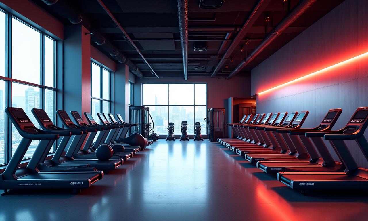 Vista panorámica del moderno gimnasio Premium Fitness Club con equipamiento de última generación.