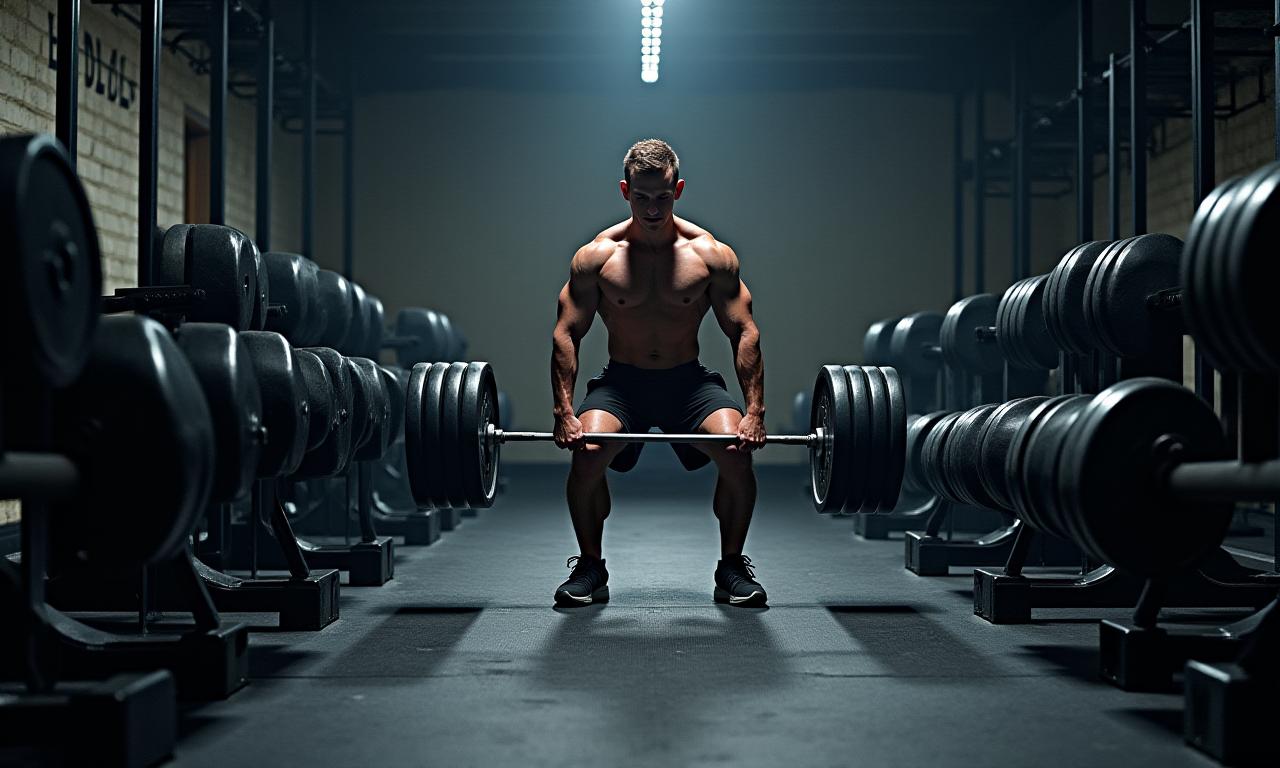 Atleta levantando pesas en la espaciosa zona de peso libre con suelo de goma.